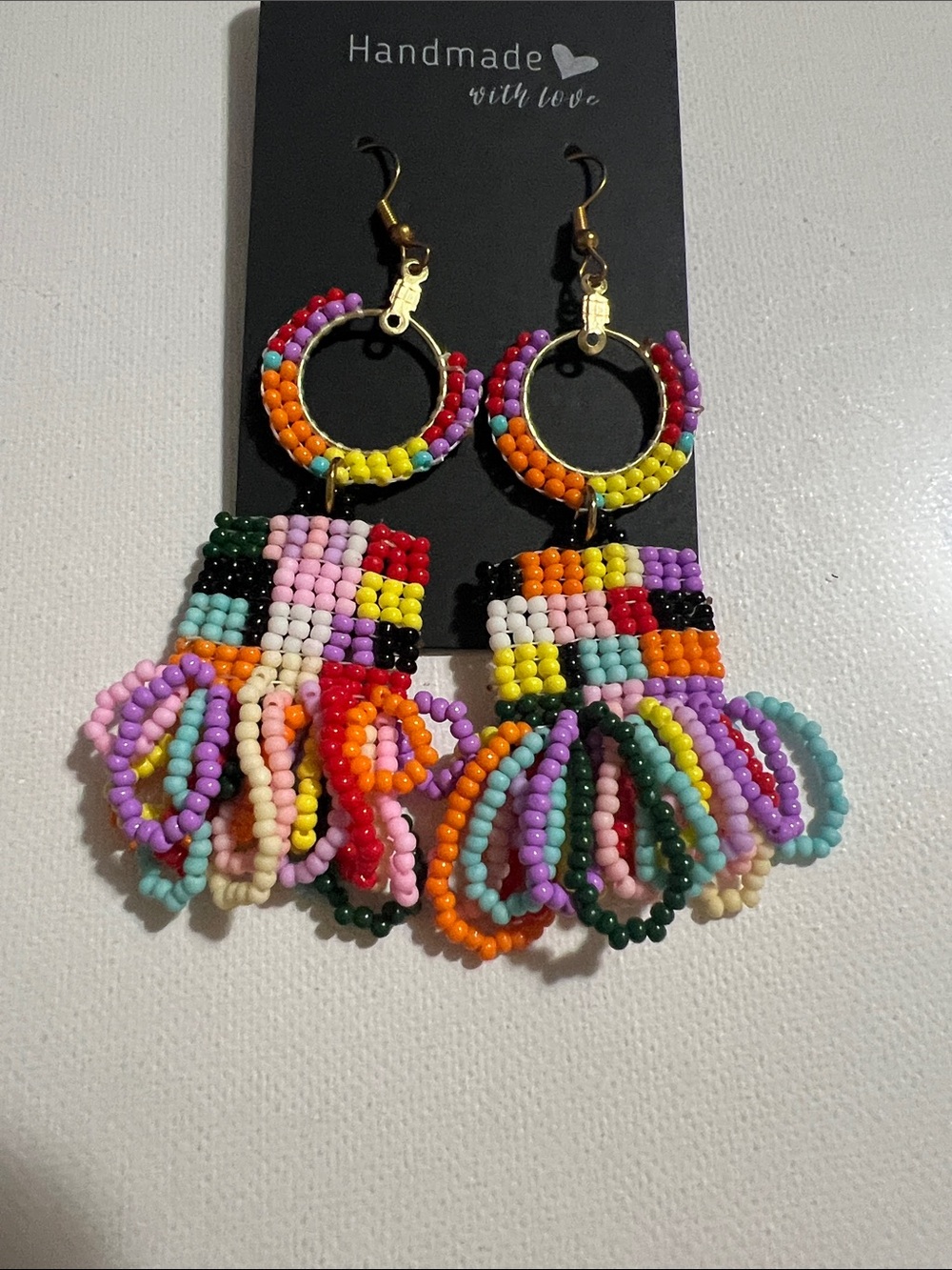 Colorful Handmade Multicolor Beaded Hoop Fringe Earrings